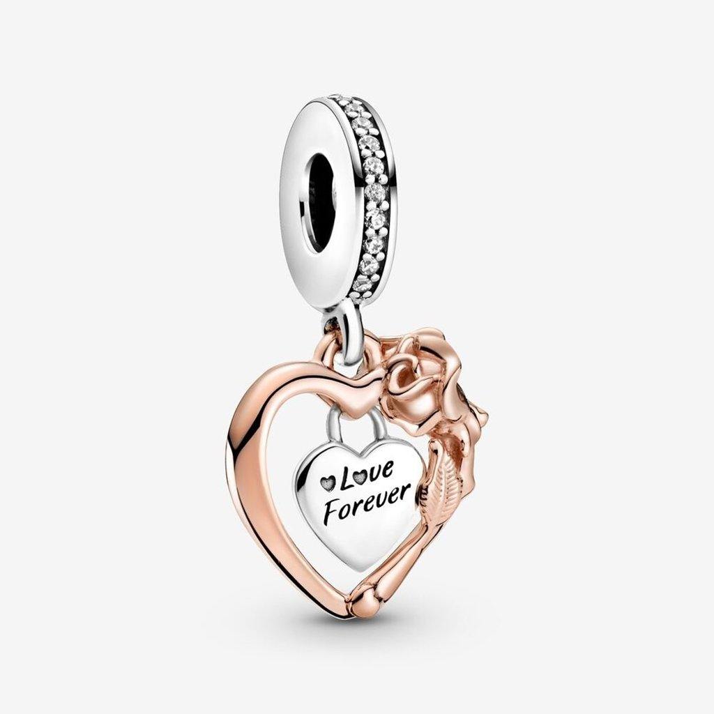 PANDORA  Heart & Rose Flower Dangle Charm