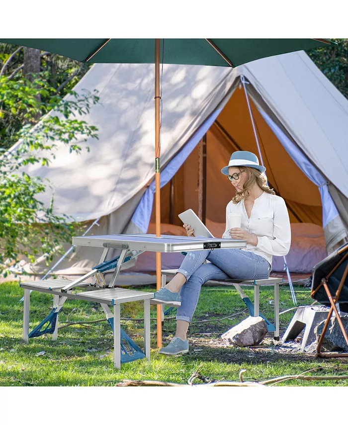 Outsunny Porch or Camping Picnic Table Folding with Carry Handle Portable Outdoor Table with Bench Patio Table with Umbrella Hole Collapsible Metal Seating Ocean Blue