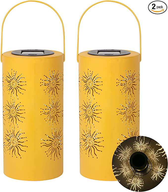 SAKURA Solar Hanging Lantern Outdoor Metal Solar Lamp Sun Patterns LED Light Decorative Solar Lights with Handle Waterproof Plastic and Metal for Garden Patio， Yellow， Warm White Light