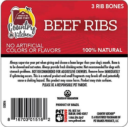 Country Kitchen Beef Rib Bones Dog Treat， 3 count