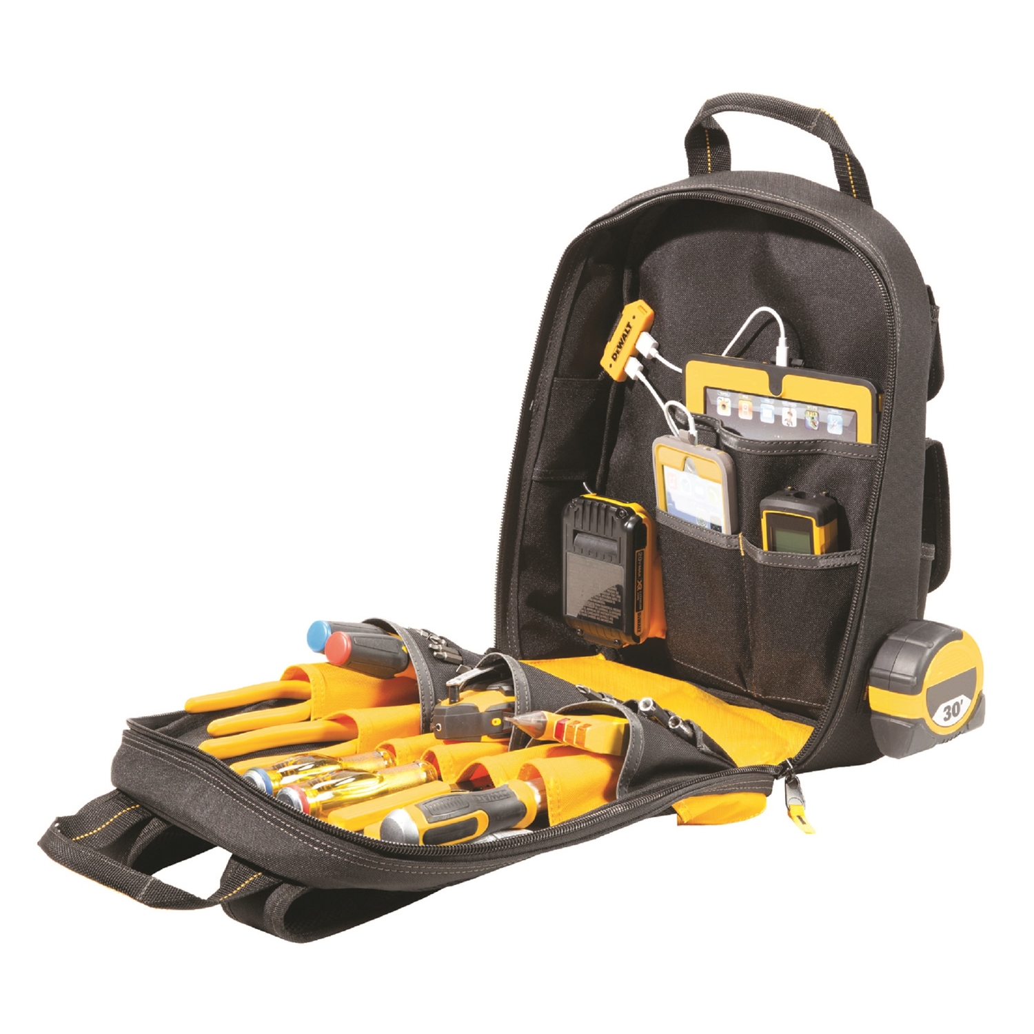 DW 6 in. W X 19.75 in. H Ballistic Polyester Tool Charging Back Pack 23 pocket Black/Yellow 1 pc