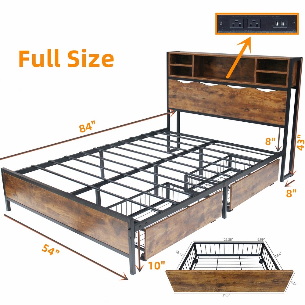 Rustic Bookcase Bed Frame with Charging Station + 2 Storage Drawers 