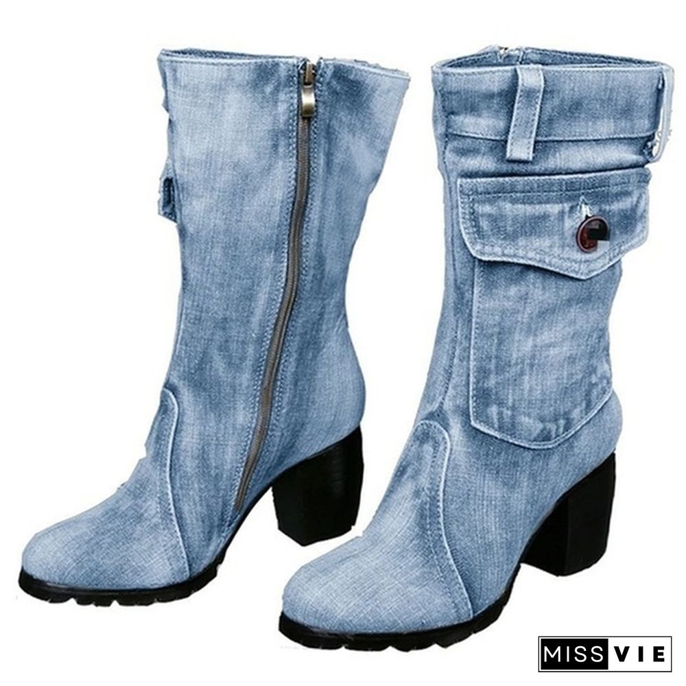 New Fashion Women's Denim Boots Chunky High Heel Mid Calf Boots Ladies Side Zipper Cowboy Boots