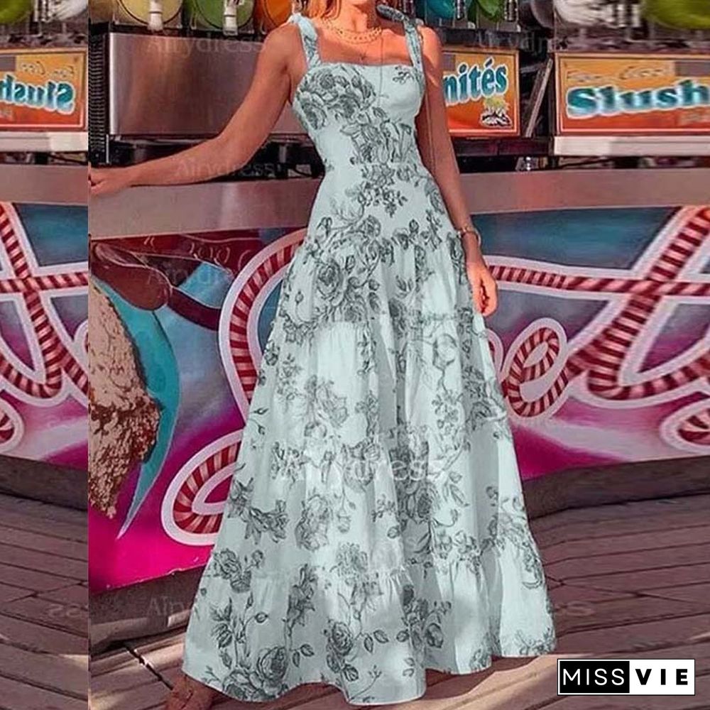 Women's Temperament Commuter Print Sling Dress Summer Sexy Backless High Waist Boho Dress Vestidos