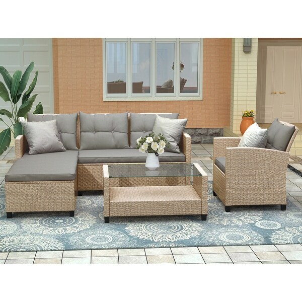 4Piece Classic Conversation Set，Wicker Rattan Patio Sofa with Cushions