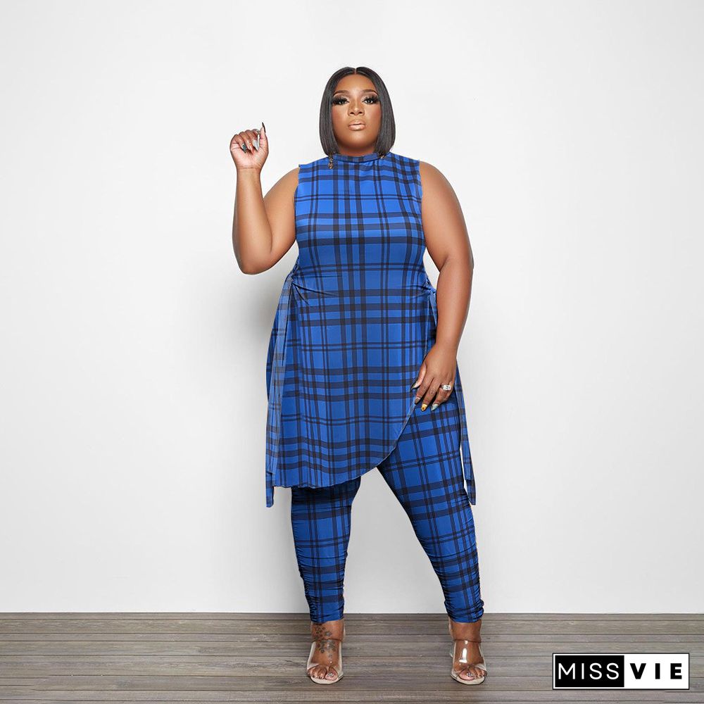 Plus Size Plaid Print Tank Tops Pencil Pants Sets