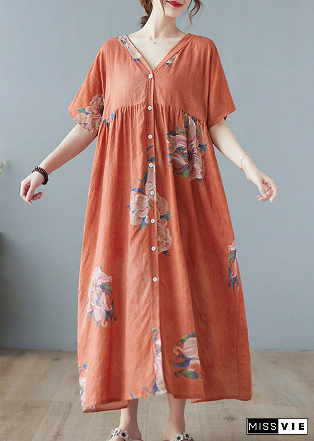 Plus Size Orange V Neck Maxi Dress Short Sleeve