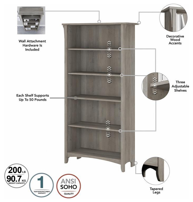 Scranton  ampCo Furniture Salinas Tall 5 Shelf Bookcase in Driftwood Gray   Transitional   Bookcases   by Homesquare  Houzz