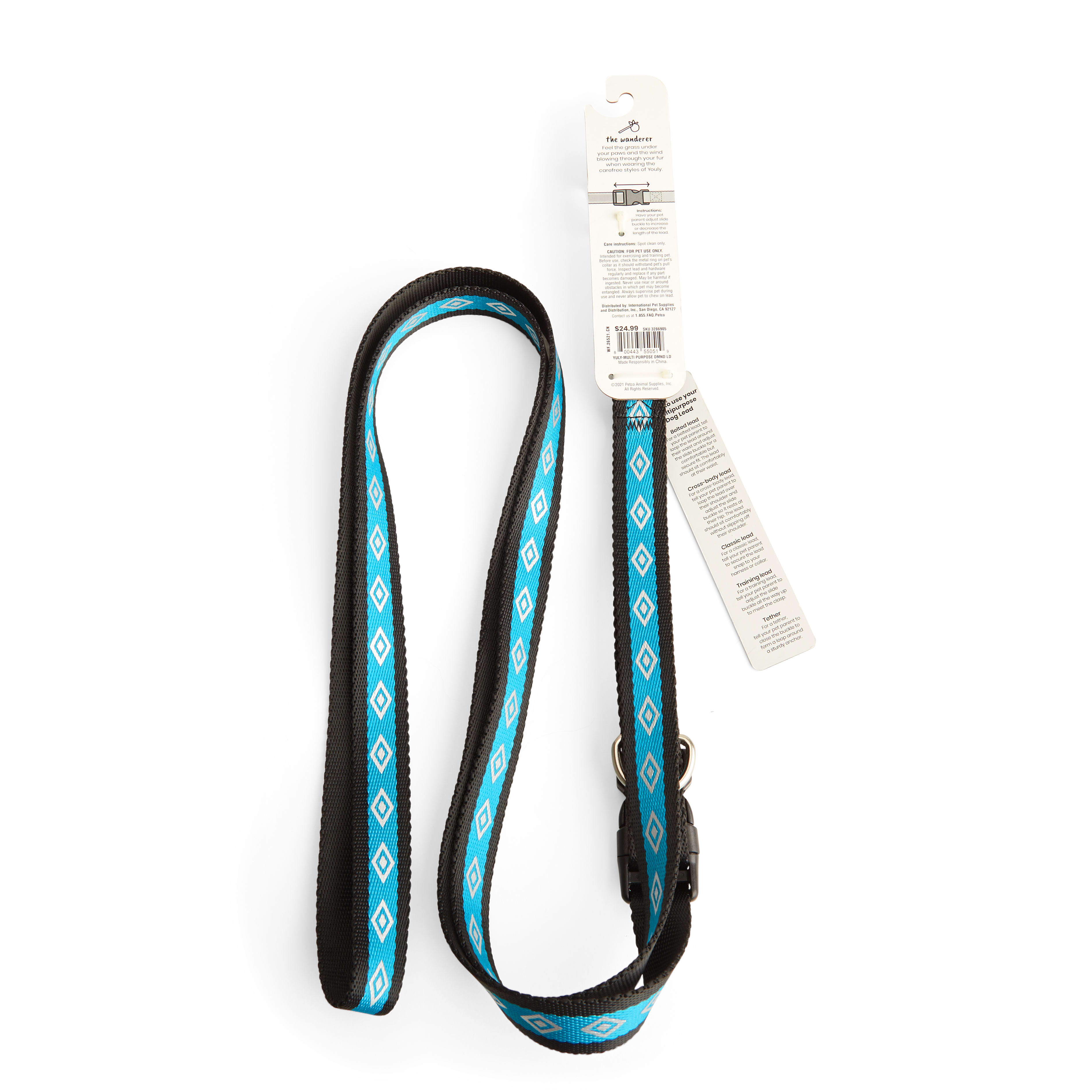 YOULY The Wanderer Diamond Multipurpose Dog Lead， 7 ft.