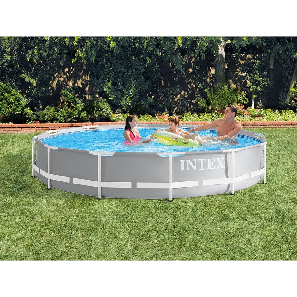 Intex Round 12 ft. Prism Frame Above Ground Swimming Pool Bundled with Above Ground Ladder 30 in. H 26711EH + 28066E