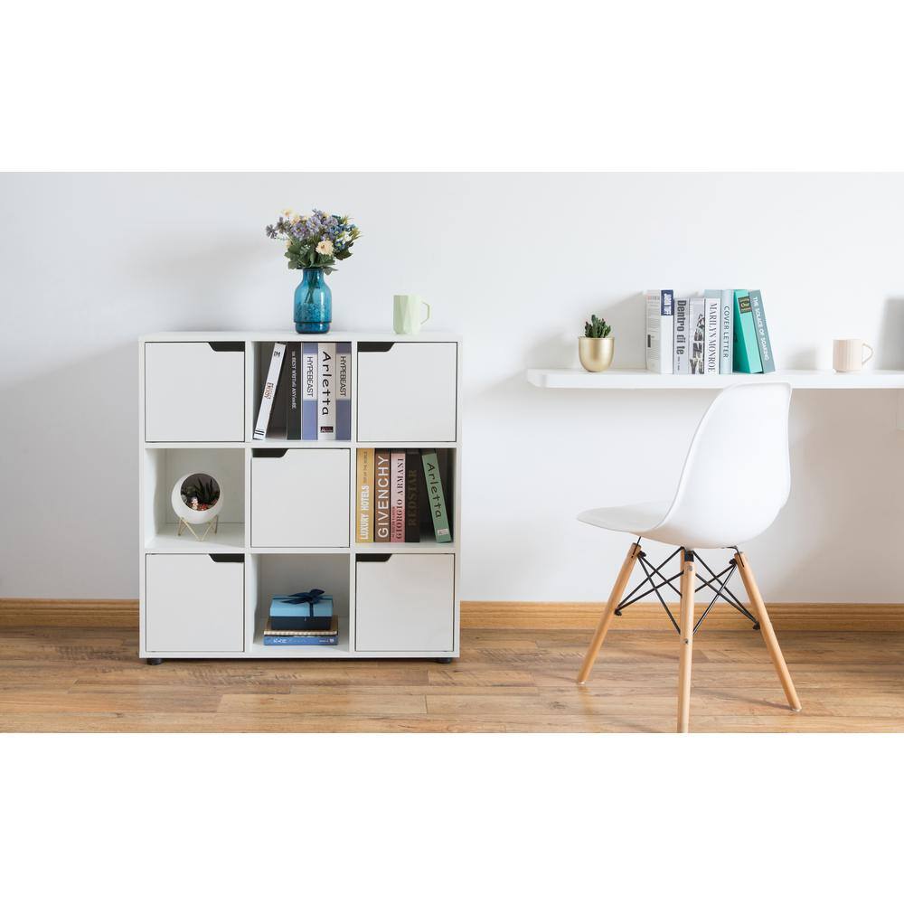 Basicwise 9 Cube Wooden Bookshelf Organizer with 5 Enclosed Doors and 4 Shelves White QI003677W