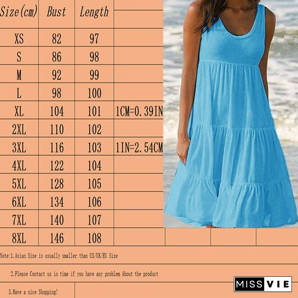 Xs-8Xl Summer Dresses Plus Size Fashion Clothes Women's Casual Sleeveless Party Beach Wear Loose Dresses Solid Color A-Line Skirt Cotton Round Neck Off Shoulder Dress Ladies Pleated Halter Mini Dress Tank Top Dresses