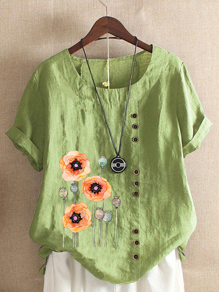 Round Neck Casual Loose Floral Print Short Sleeve Blouse