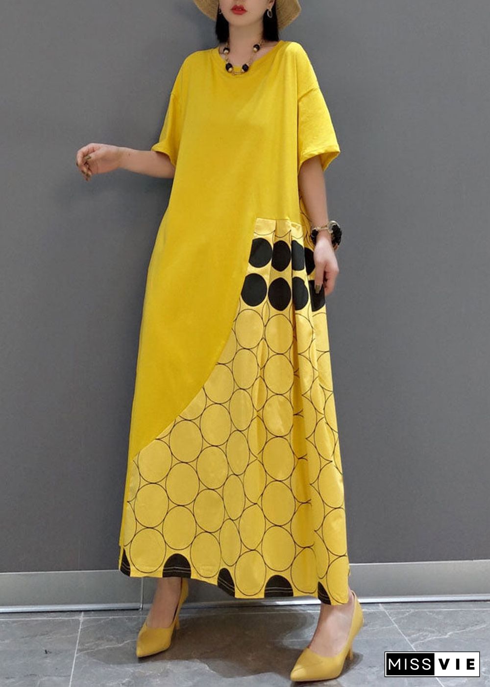 Italian Yellow O-Neck wrinkled Patchwork Maxi Dresses Spring