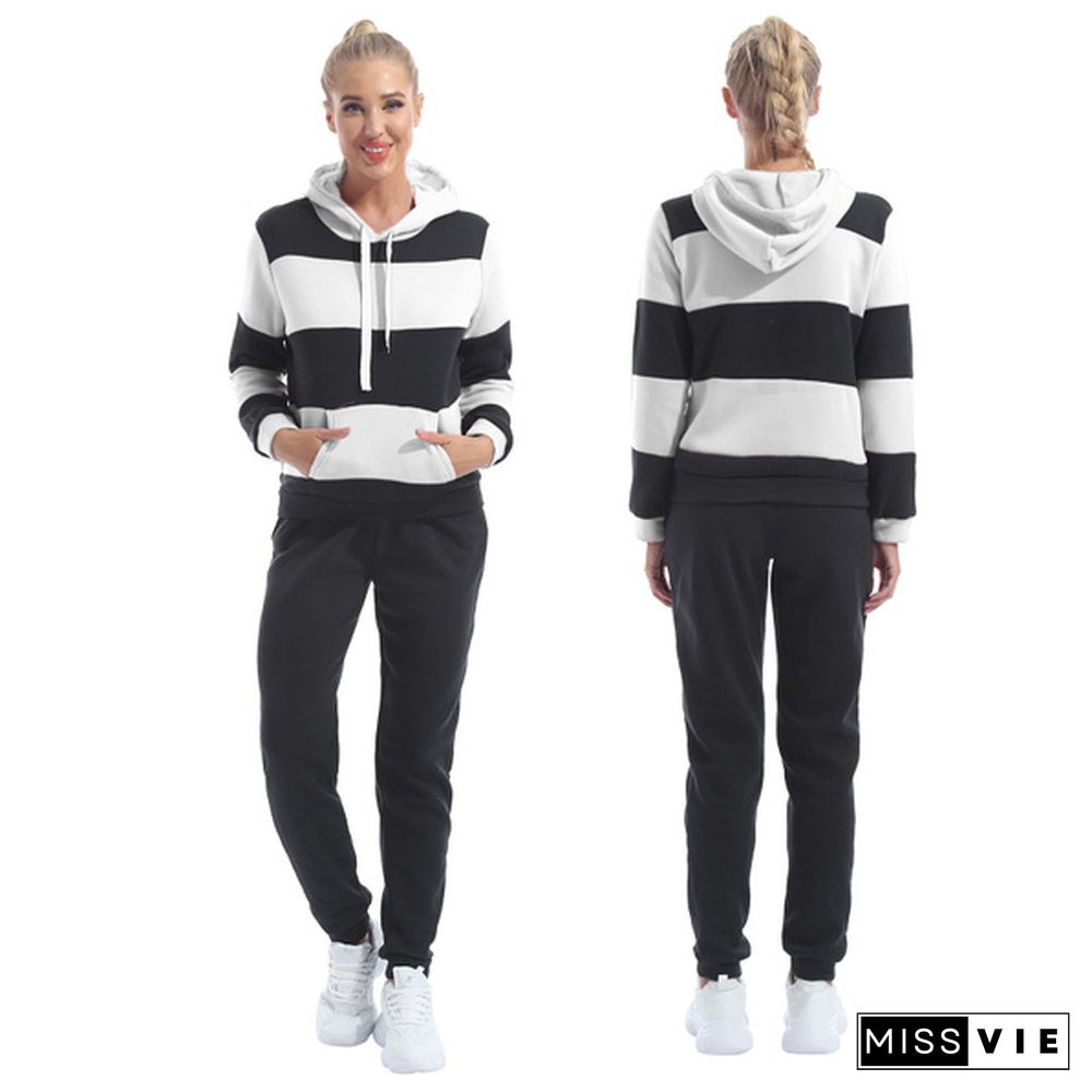 Plus Size Women's Casual Two Piece Outfits Stripes Sweatsuit Tracksuit Pocket Hoodies Sweatshirt Drawstring Pants S-Xxxl