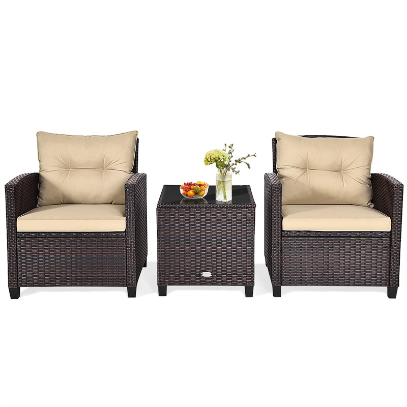 3 Pcs Rattan Patio Conversation Set Outdoor Wicker Sofa Set with Washable Cushions & Coffee Table