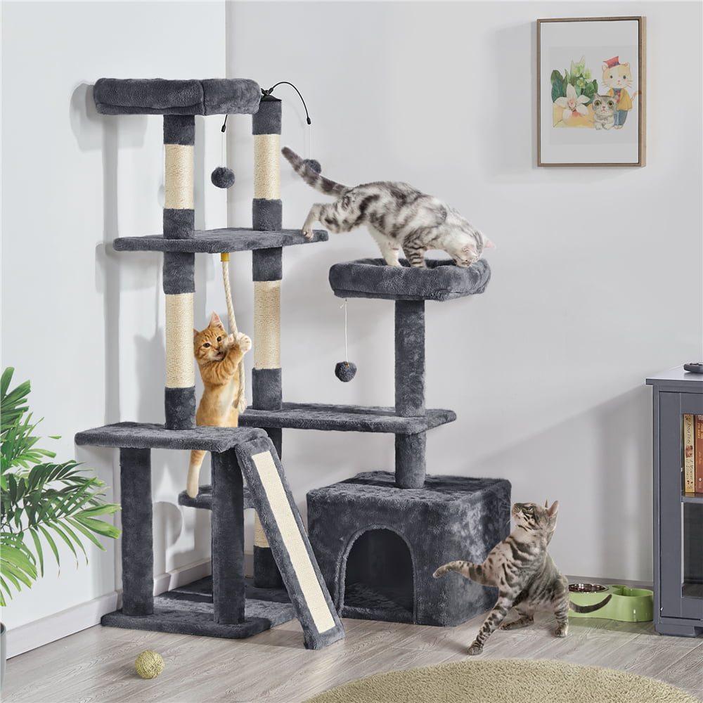 SMILE MART Multilevel Plush Cat Tree Activity Tower Play Center with Sisal Scratching Posts， Dark Gray