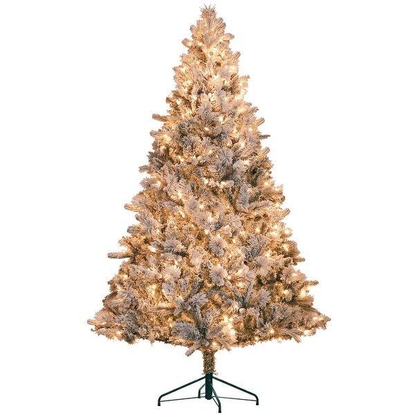 HOMCOM 6.5 ft PreLit Artificial Christmas Tree with 350 Clear Lights and 1107 Tips，Snow Flocked Christmas Tree