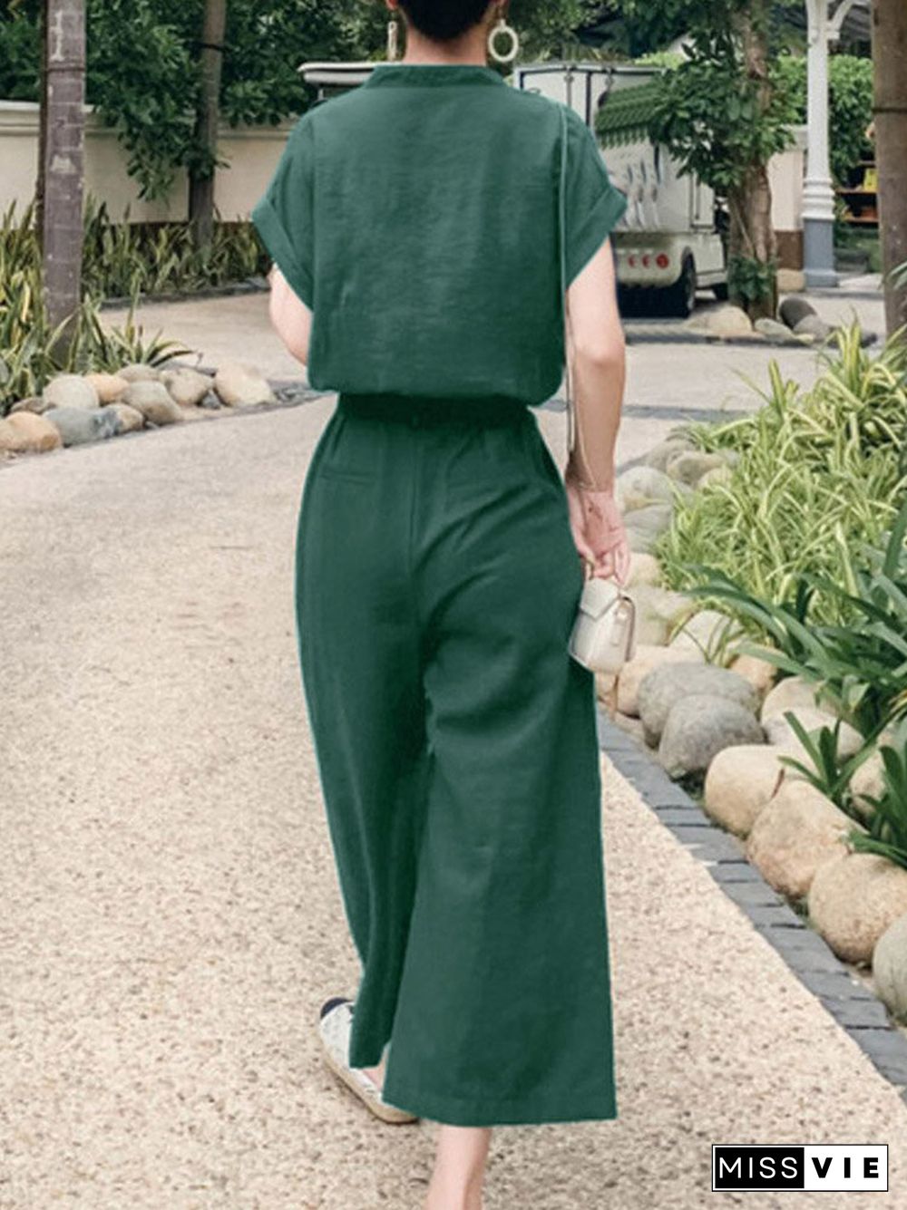 Solid Short Sleeve Pocket Wide Leg Jumpsuit With Belt