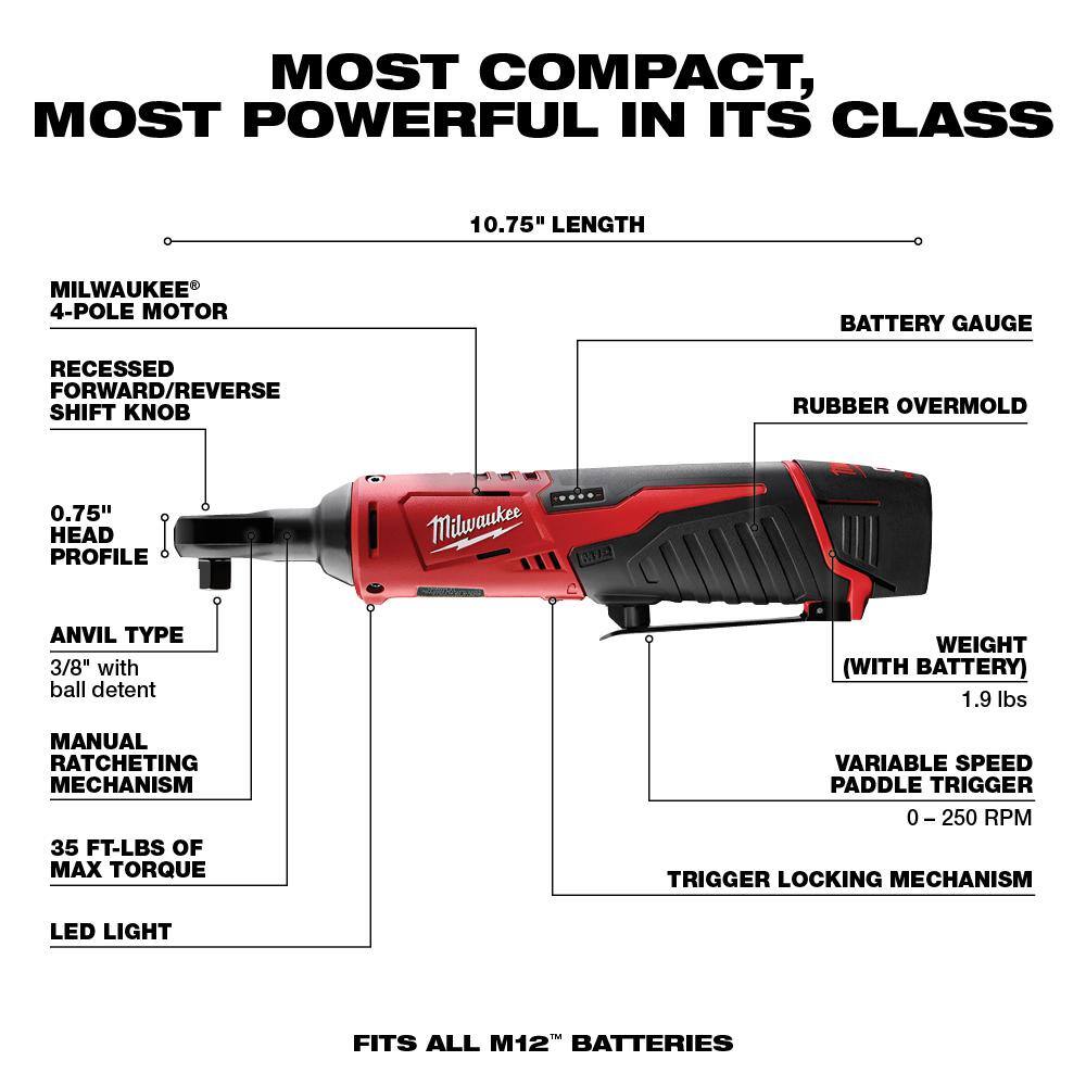 MW M12 12V Lithium-Ion Cordless 38 in. and 14 in. Ratchet Kit (2-Tool) with Battery Charger and Bag 2457-21-2456-20