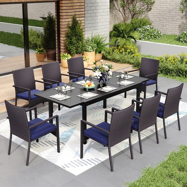 7/9piece Patio Dining Set，Expendable Rectangular Outdoor Dining Table with Rattan Chairs