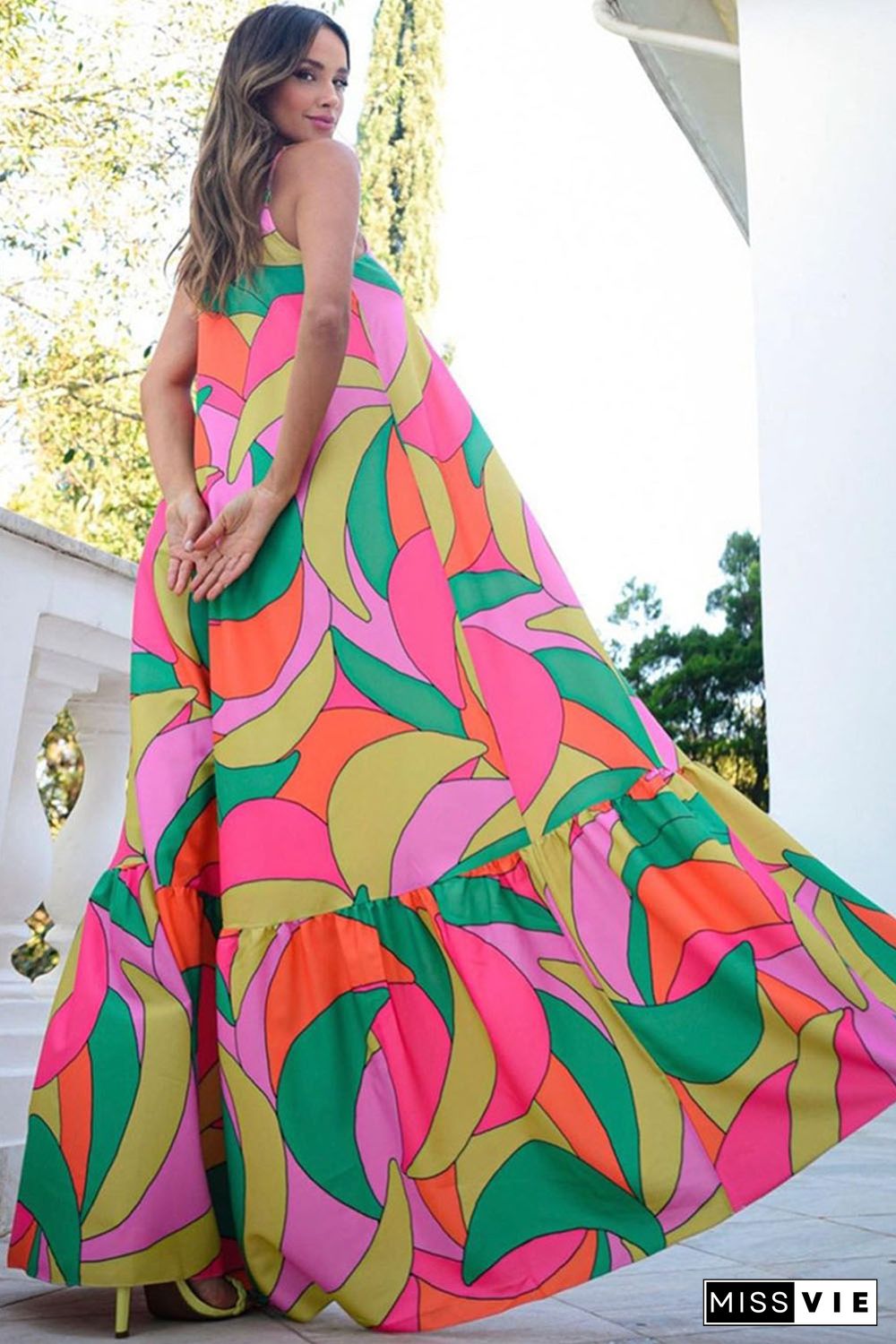 Multicolor Boho Geometric Print Sleeveless Maxi Dress