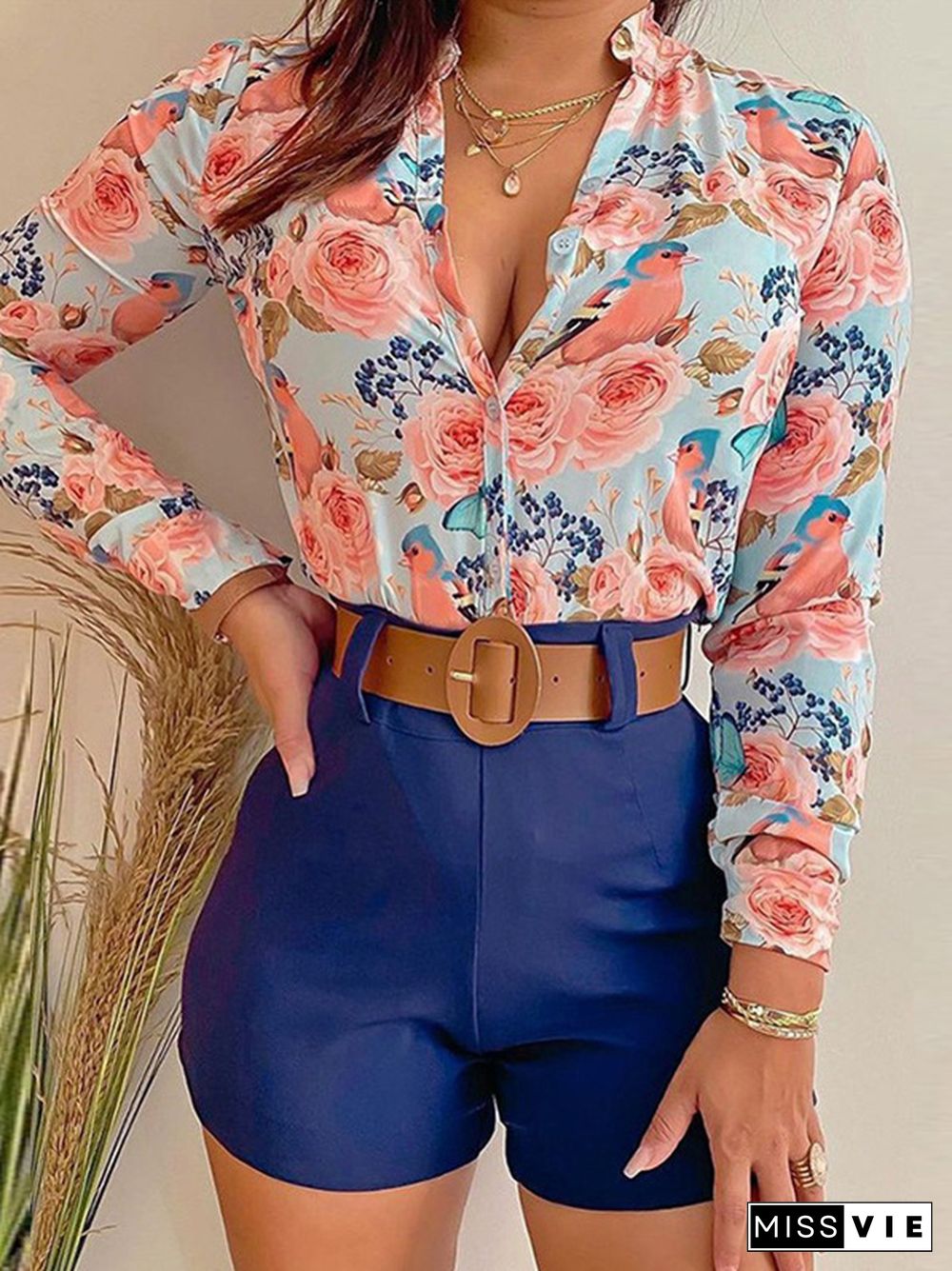 Long Sleeves Buttoned Flower Print Deep V-Neck Shirts Top +Belted Shorts Bottom Two Pieces Set