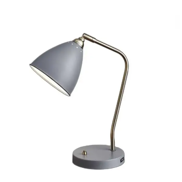 Grey Metal and Antique Brass Adjustable USB Port Desk Lamp - 6.25 x 12.75 x 21