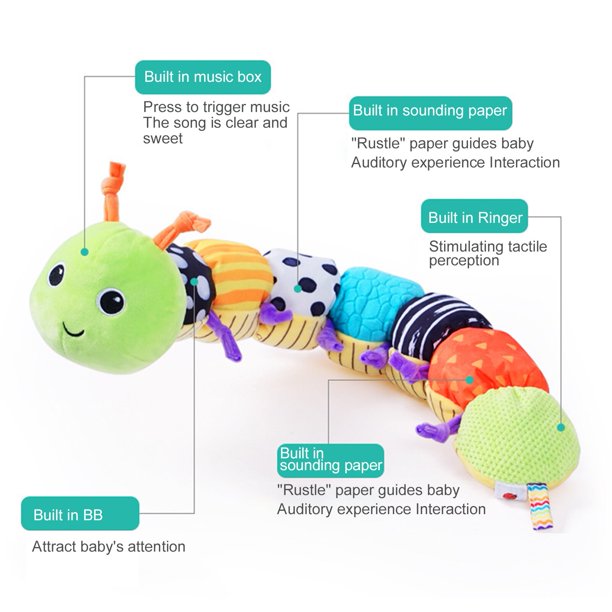 ISHANTECH Stuffed Caterpillar Baby Toys Musical Soft Infant Toy Sensory Plush Toys Crinkle Rattle with Ring Bell Design for Crawling Babies Boys Girls Newborn Preschool Toddler 3+ Month Green