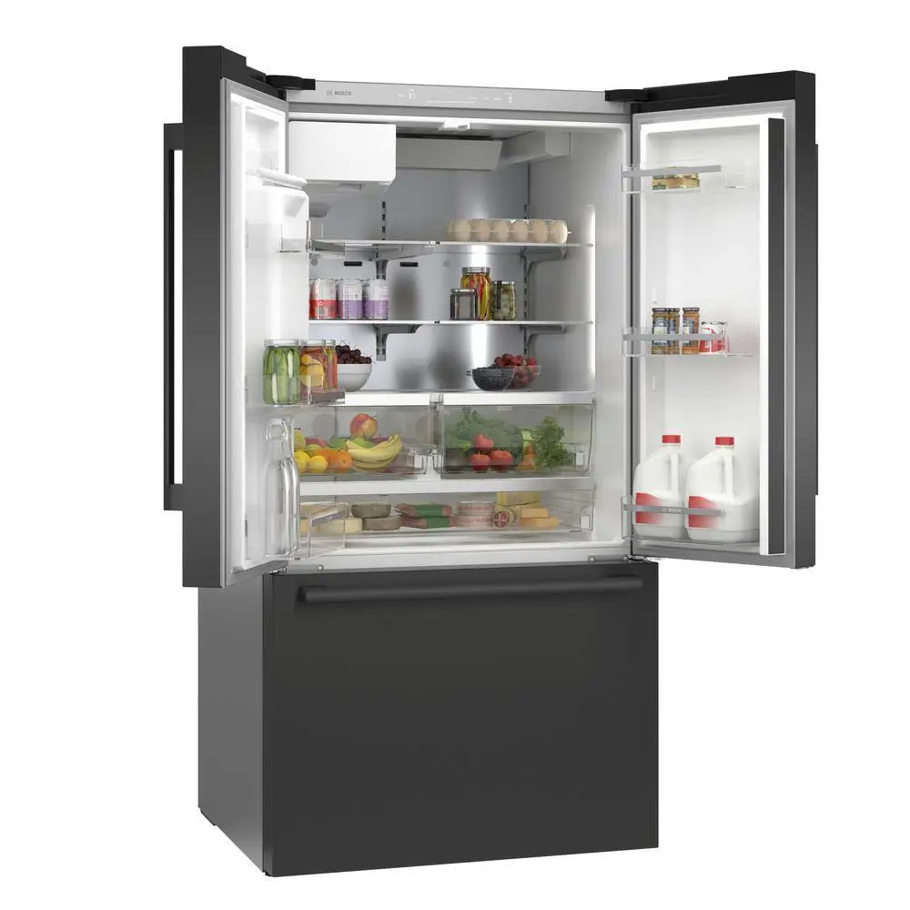 Bosch 500 Series 26 cu ft 3-Door French Door Refrigerator in Black Stainless Steel with Ice and Water Freezer Standard Depth B36FD50SNB