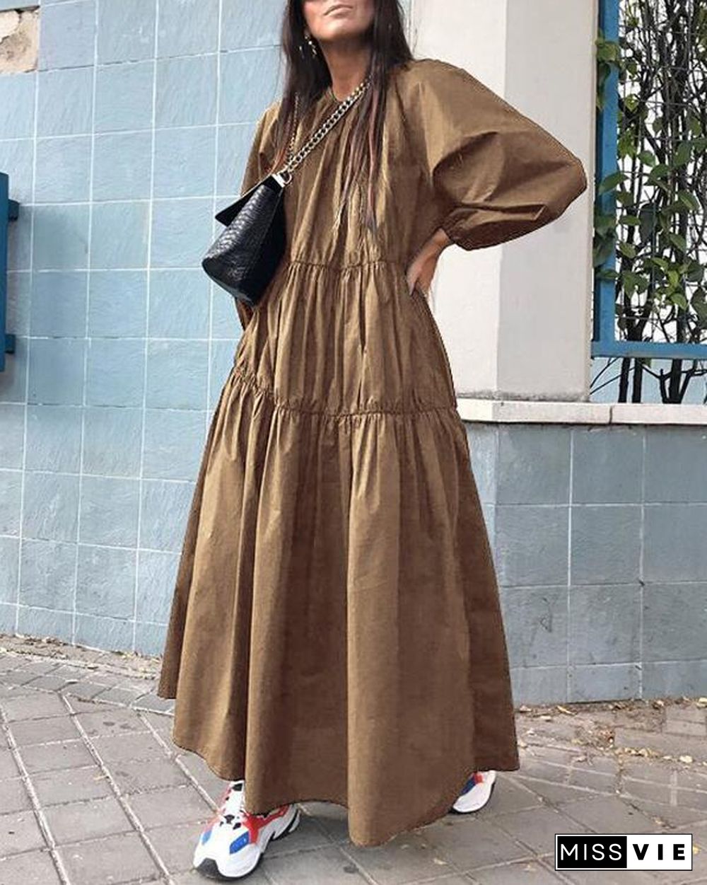 Solid Holiday Loose Pleated Crew Neck A-Line Maxi Dress