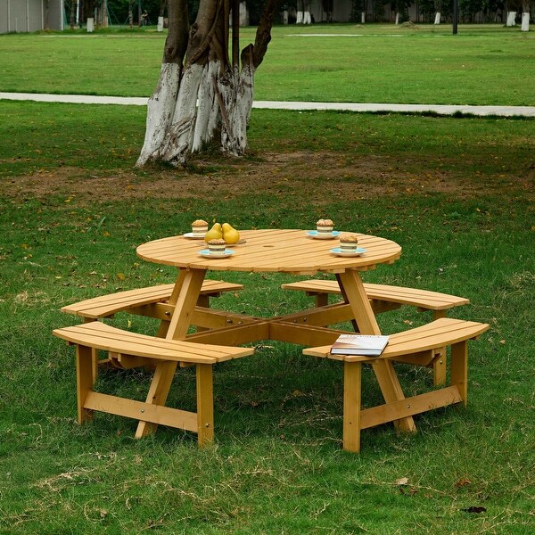 Outdoor 8 Person Picnic Table，8 person Round Picnic Table with 4 Builtin Benches，Umbrella Hole