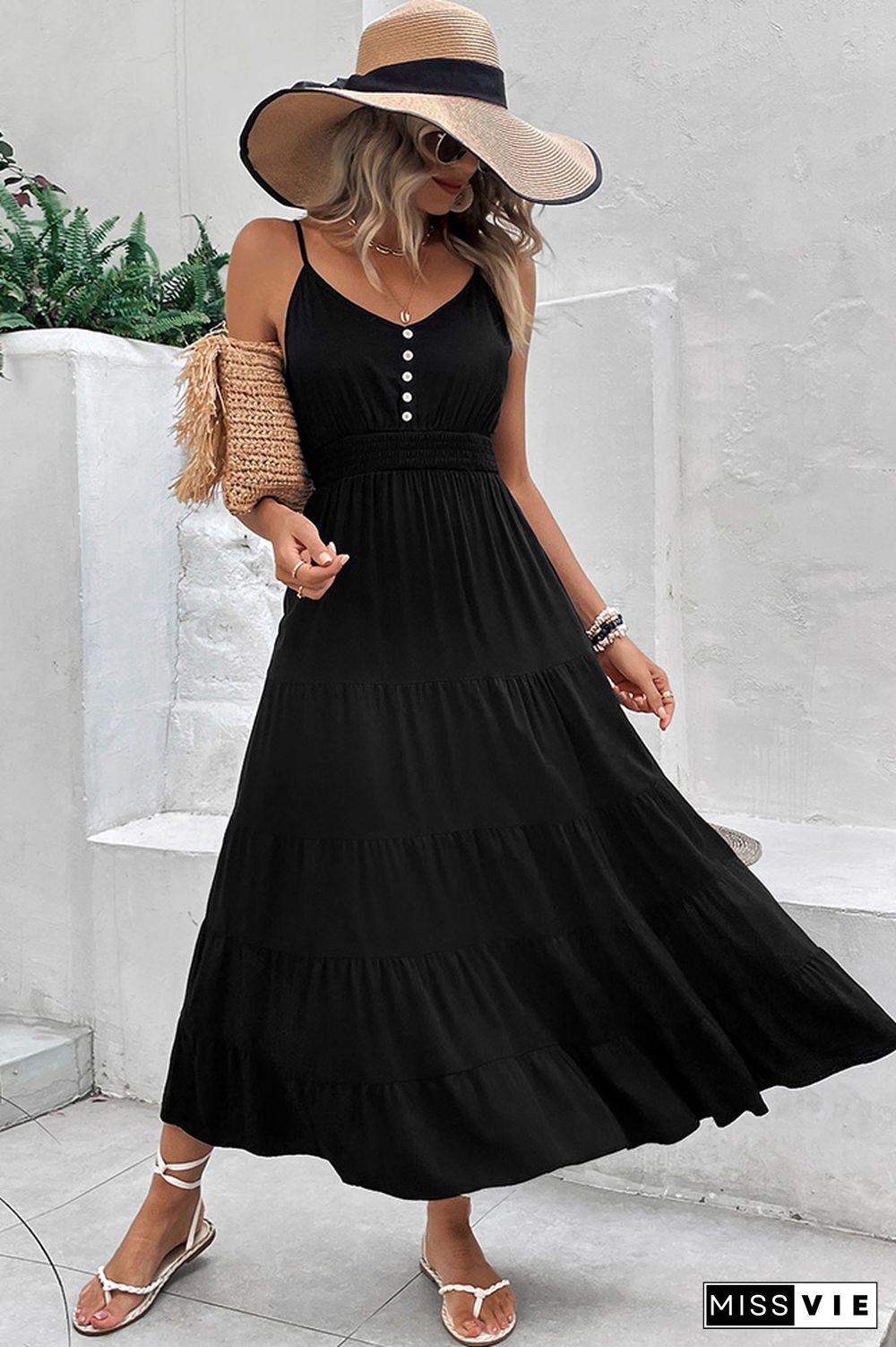 Black V Neck Buttoned Smocked Waist Maxi Dress