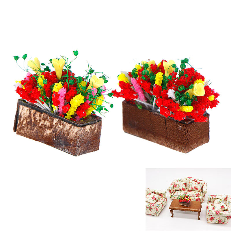 1/12 Dollhouse miniature plant multicolor flower with wood pot garden accessory