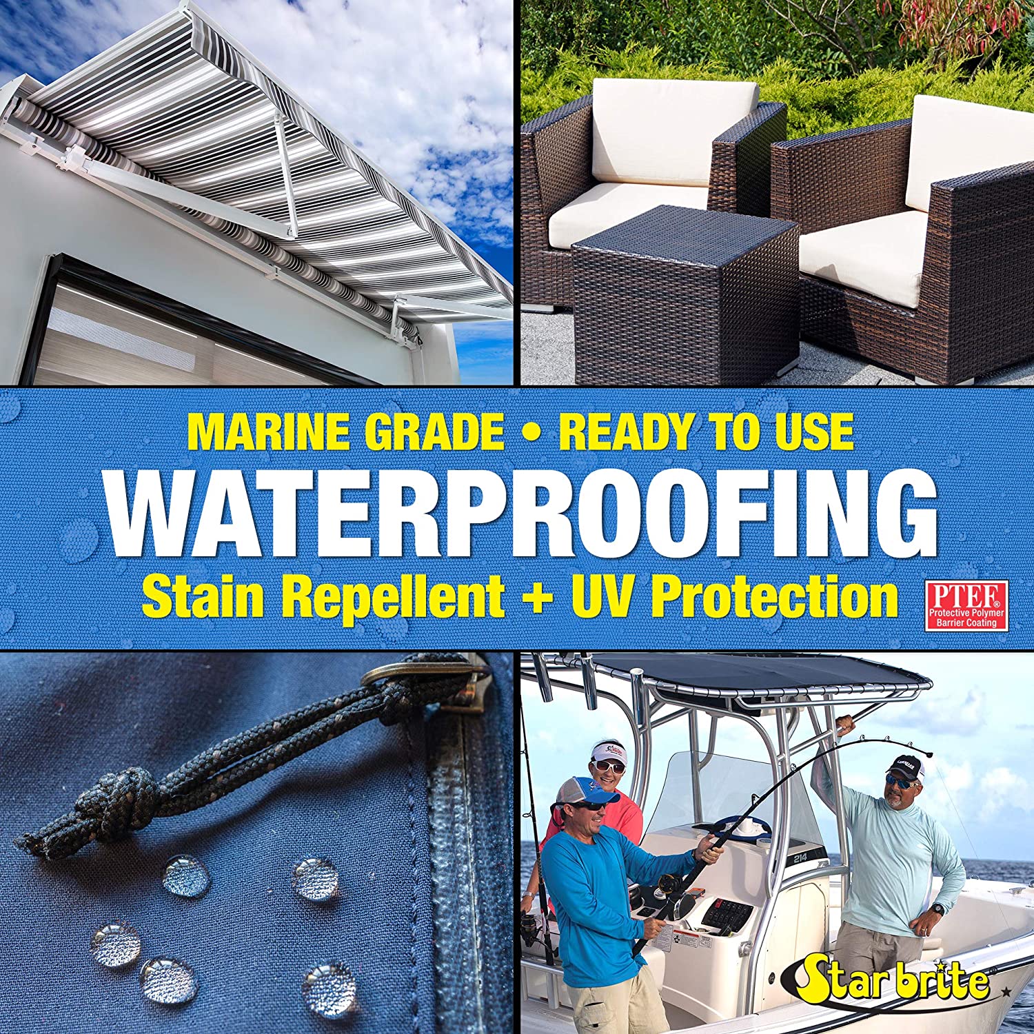 Waterproofing Spray， Waterproofer + Stain Repellent + UV Protection for Boat Covers， Car Covers， Bimini Tops， Tents， Jackets， Backpacks， Boots， Awnings， Patio Covers and More