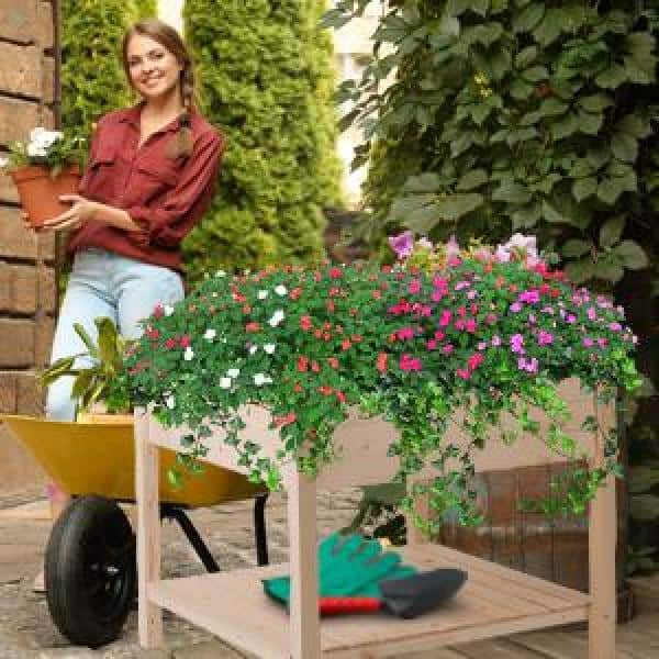 Outsunny 36 in. L x 36 in. W x 32 in. H Wood Square Outdoor Raised Garden Bed Planter Box with Shelf 845-241