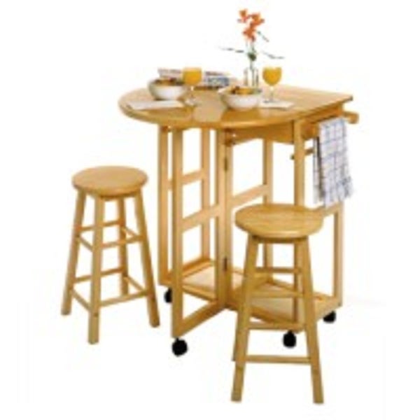 3 Beige Space Saver Drop Leaf Table with Two Round Stools 32.75