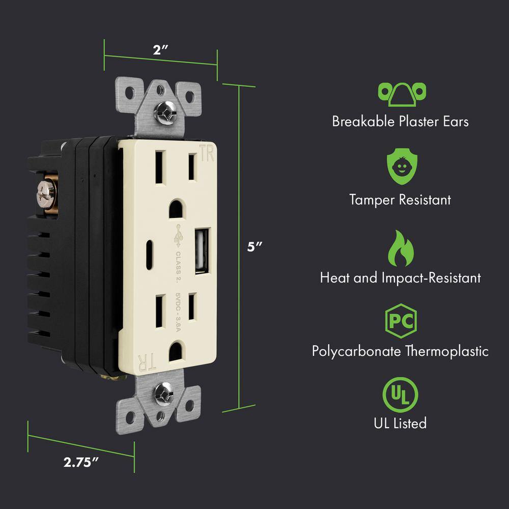 TOPGREENER 15 Amp 125-Volt Tamper Resistant Residential Decorator Duplex Outlet 3.6 Amp USB Type AC Ports Light Almond (3-Pack) TU21536AC-LA-3P