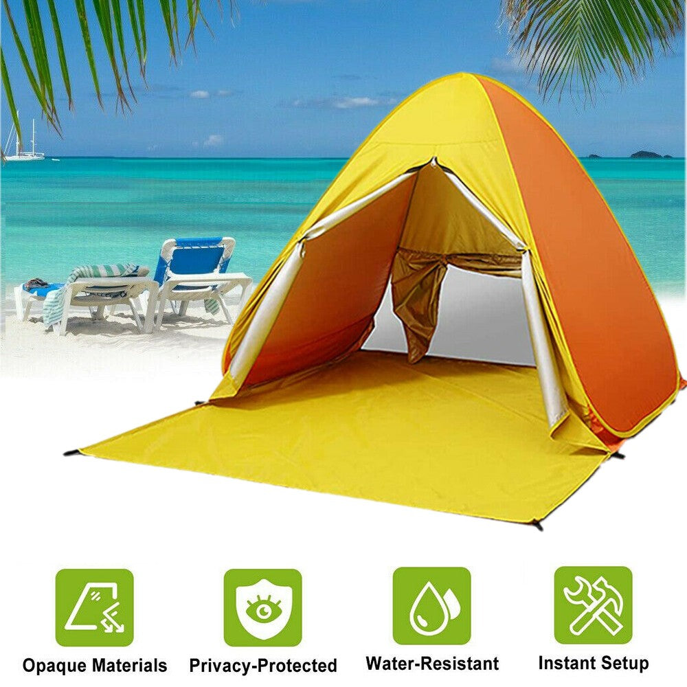 PVUEL Pop Up Beach Tent Sun Shelter， 3-5 Person Shade Triangle Portable Outdoor Camping Canopy Yellow and Orange