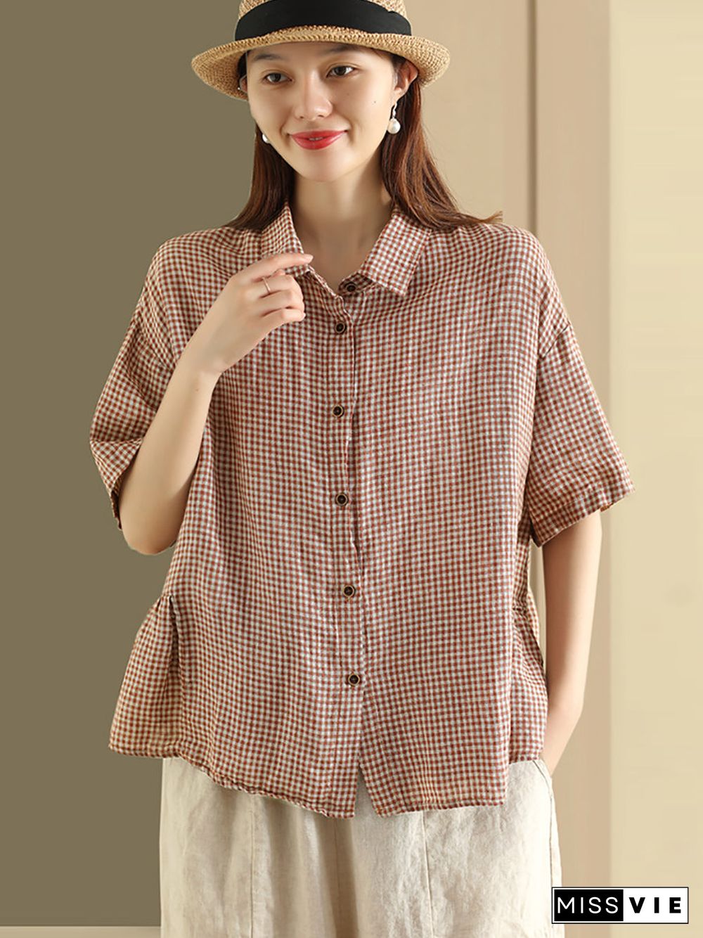 Plus Size Women Summer Casual Plaid Button Cardigan Linen Shirt