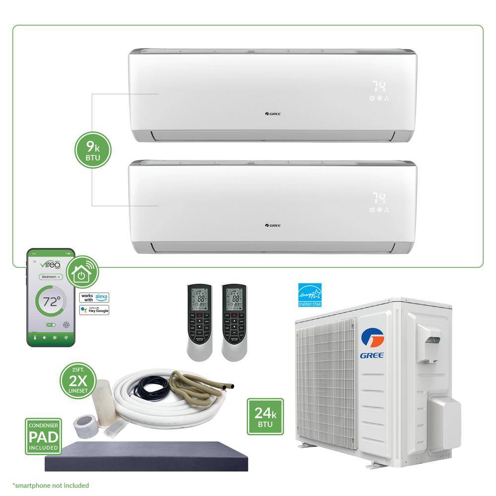 GREE Gen3 Smart Home Dual-Zone 24000 BTU 2 Ton Ductless Mini Split Air Conditioner  Heat Pump - 25 ft. Install Kit - 230V MULTI24VIR212HP