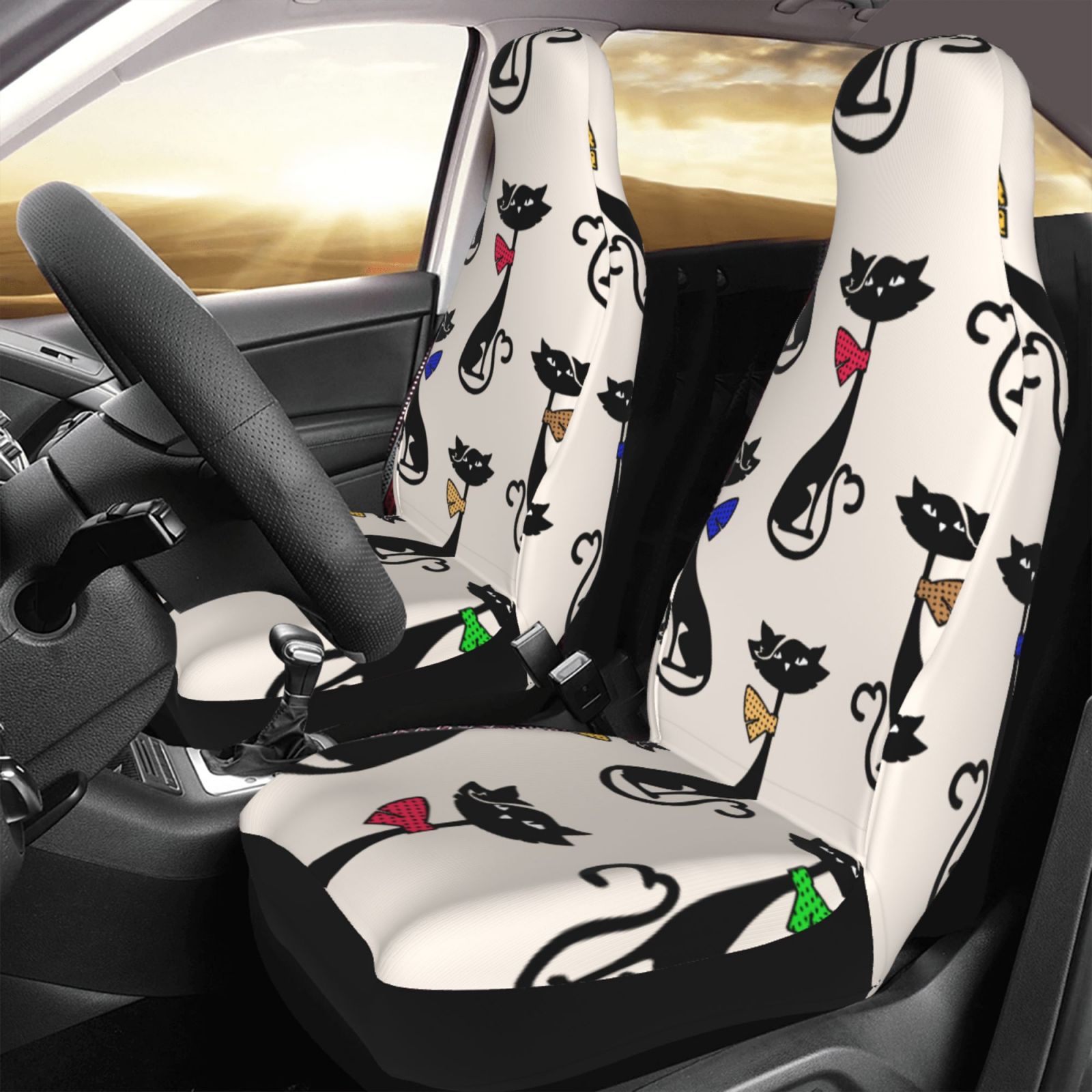 TEQUAN Front Seat Covers， Cute Cartoon Cats Kitten Pattern 2 Piece Car Seat Cover Fit Most Car SUV Truck Van