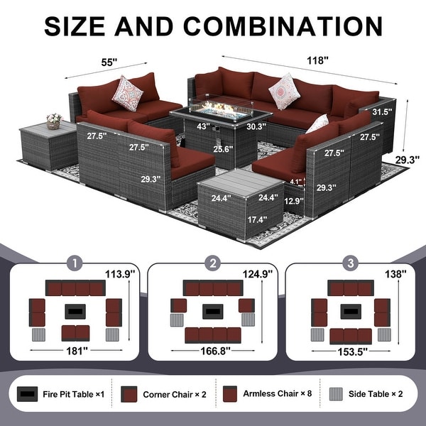 Nicesoul Outdoor Grey Wicker Sectional Furniture Patio Sofa Set with Firepit Table