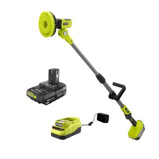 RYOBI ONE+ 18V Cordless Telescoping Power Scrubber and 2.0 Ah Compact Battery and Charger Starter Kit P4500-PSK005