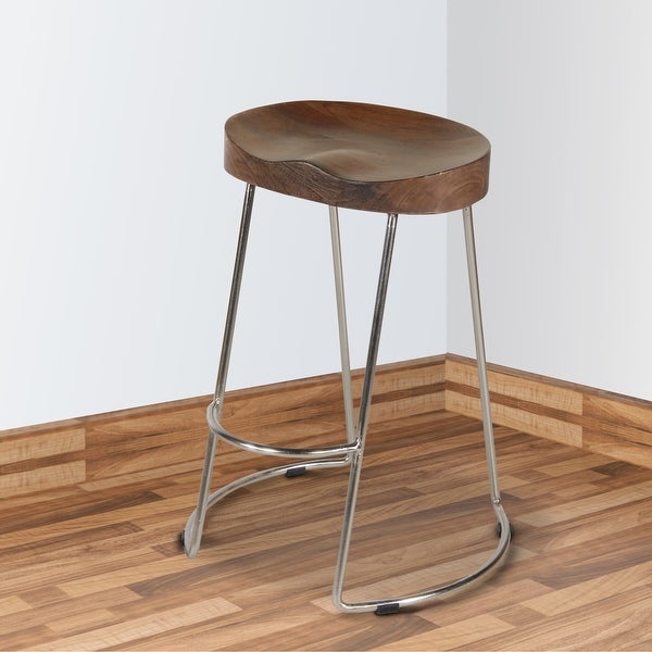 Ela 24 Inch Counter Height Stool with Mango Wood Saddle Seat， Iron Frame， Brown and Silver