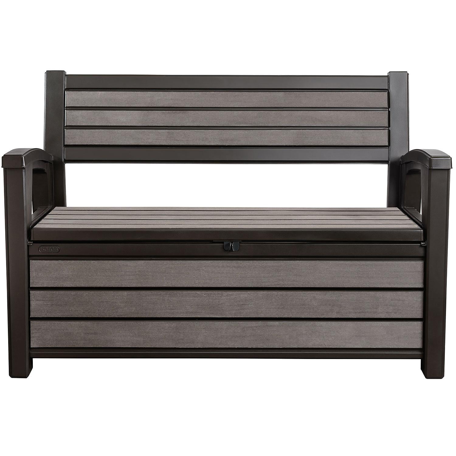 Keter Hudson Outdoor Backyard Patio Storage Bench 60 Gallon Plastic Deck Box, Brown