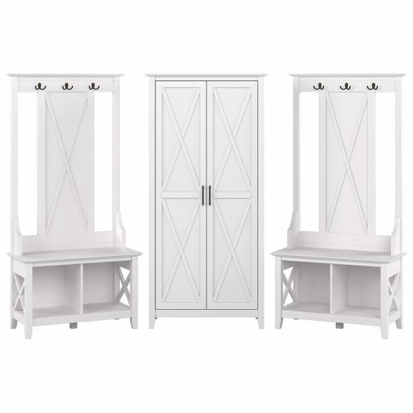 Bush Furniture Key West Entryway Storage Set with Hall Tree， Shoe Bench and Tall Cabinet in Pure White Oak