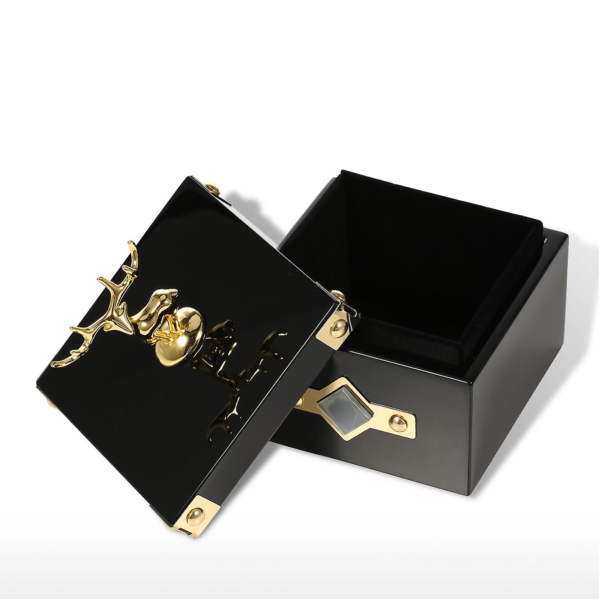 Square Jewelry Box (golden - Deer Small Size) Storage Case Wooden Ring Necklace Storage Box Birthday Gifts For Women Black Velvet  15cm