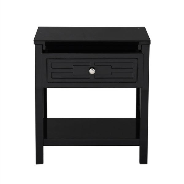 Wooden End Side Table Nightstand with Glass Top and Drawer