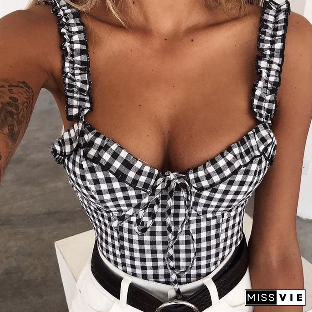 New Women Sexy Ruffiled Tank Tops  Bow Off Shoulder Vest Female Holiday Sleeveless Straps Crop Tank Tops Party Club Streetwear